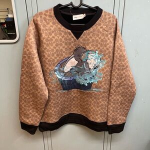 Coach x Disney Brown Signature Pattern Crewneck with Blue Graphic  Embroidery